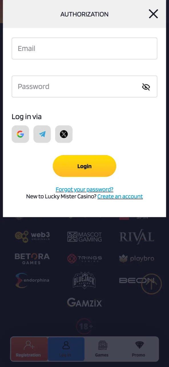 Sign up Lucky Mister create new profile with email details.