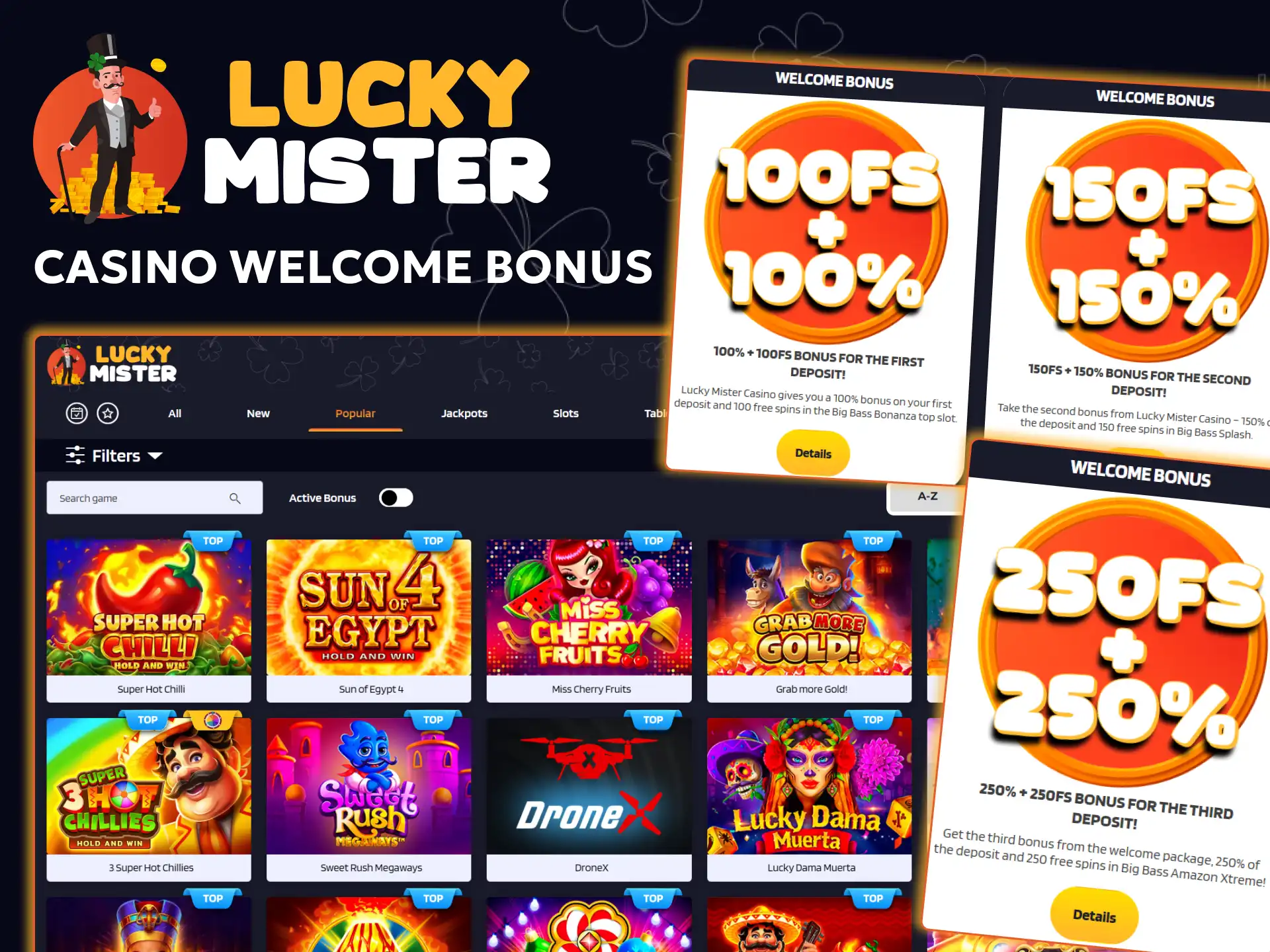 Get a welcome bonus for casino games from Lucky Mister.