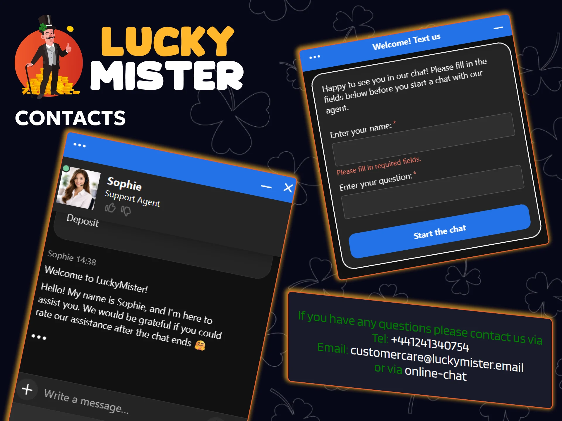 Contact Lucky Mister via live chat, email, or phone.