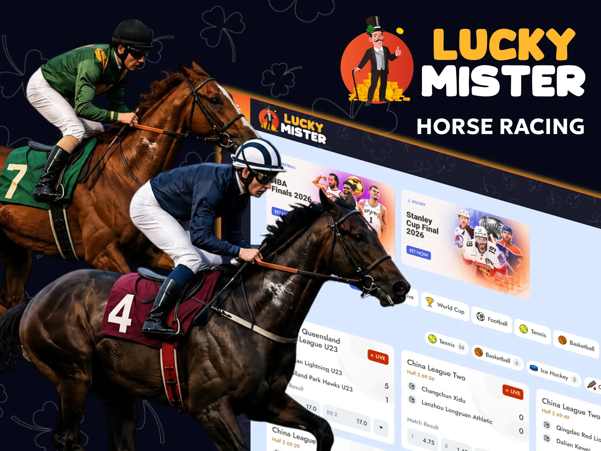 You can place bets on horse racing on the Lucky Mister website.