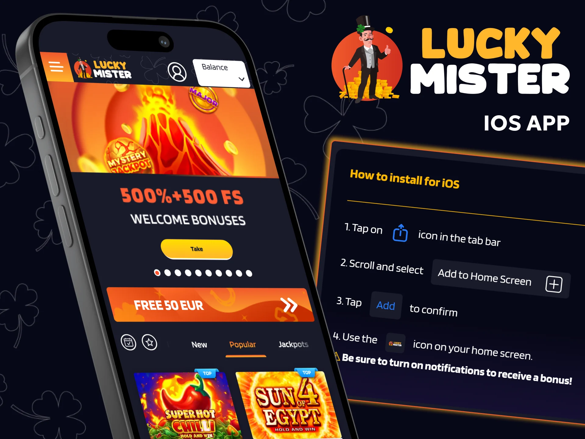 Download the mobile version of the Lucky Mister platform for iOS devices.