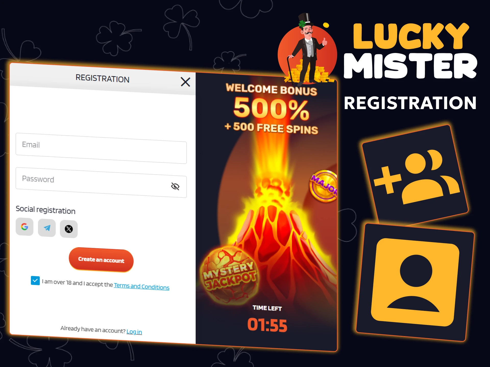 Sign up on the Lucky Mister website by entering your information, such as your email address, password, name, etc.