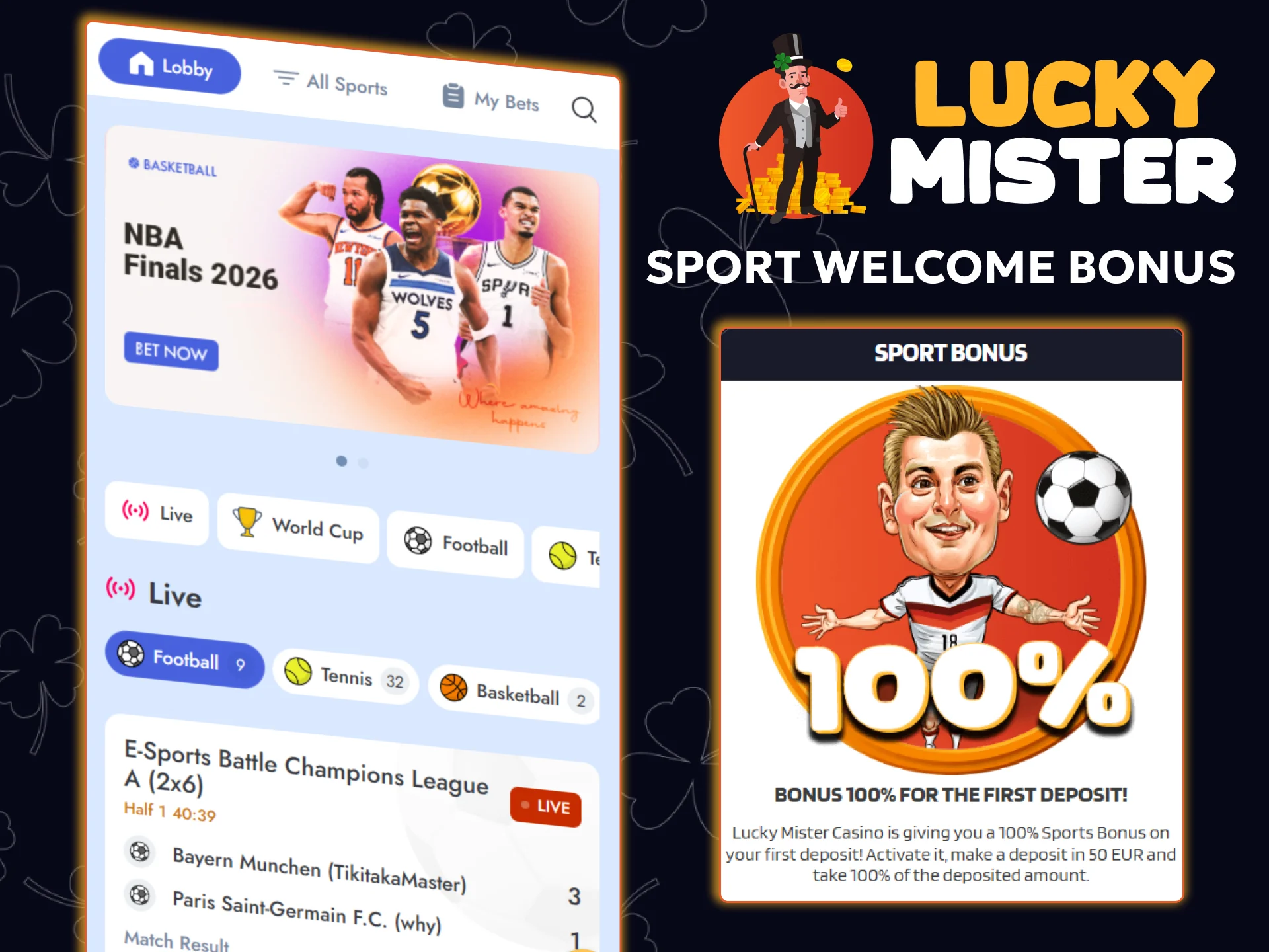Sign up at Lucky Mister and get a welcome bonus for sports betting.