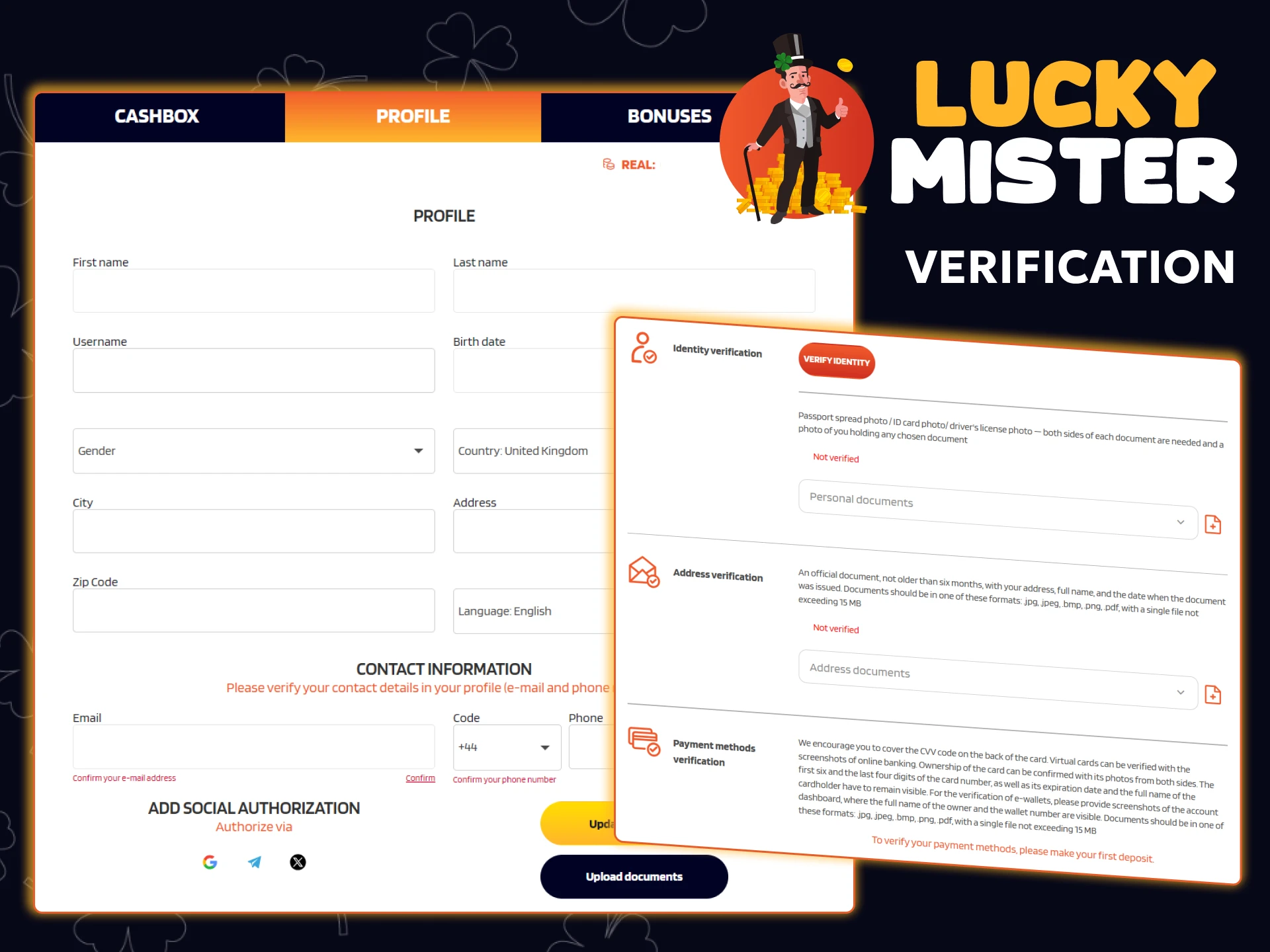 Verify your account to access the main features of the Lucky Mister platform.