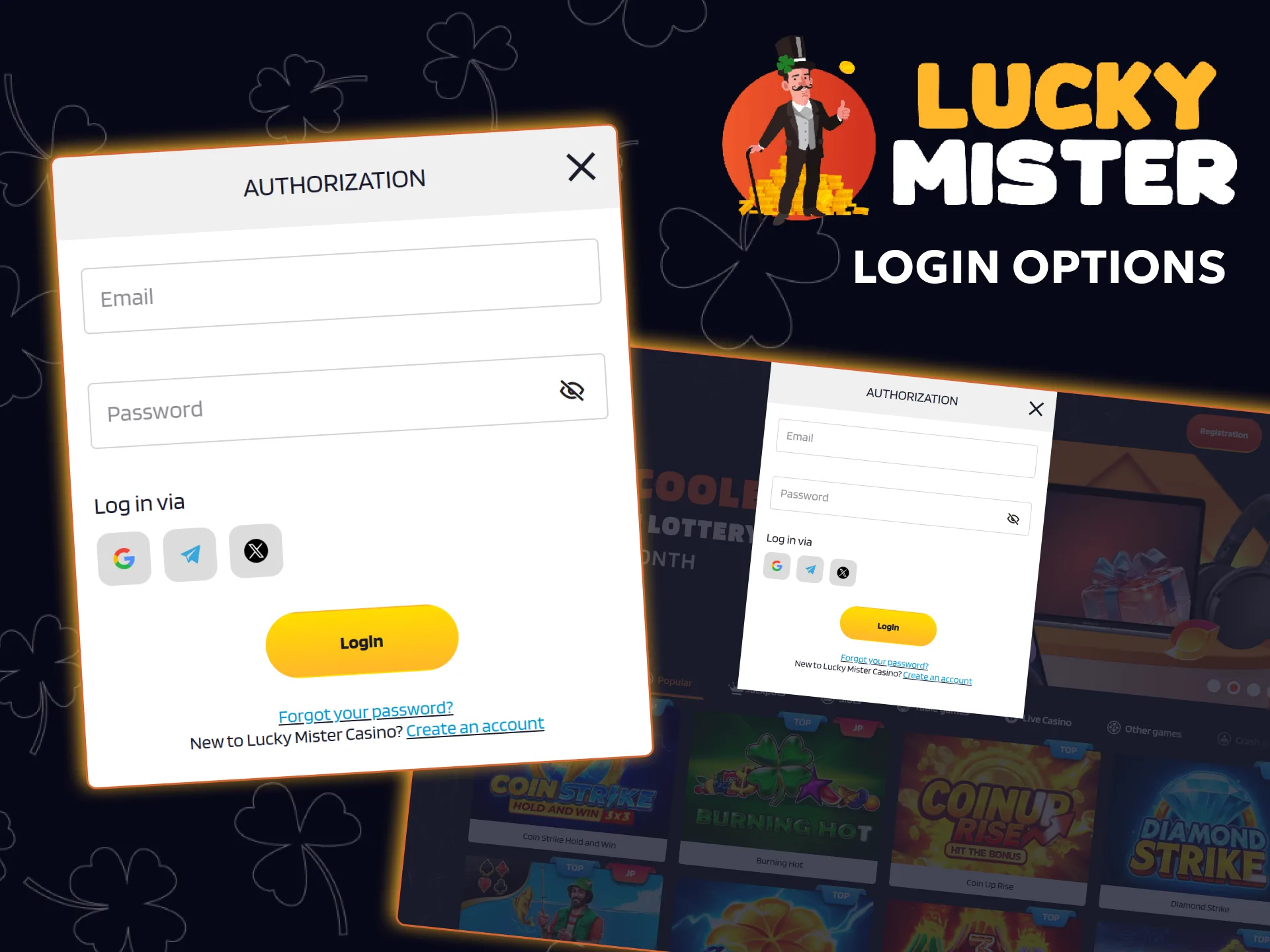 Choose a convenient method to log in to your Lucky Mister account.